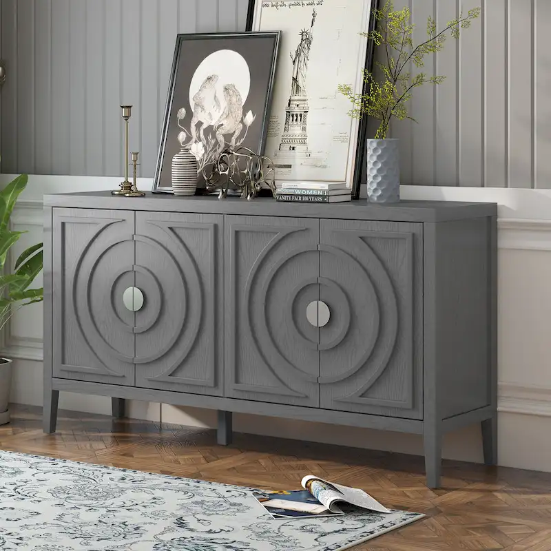 4-Door Retro Sideboard Cabinet with Circular Groove Design and Round Metal Handles