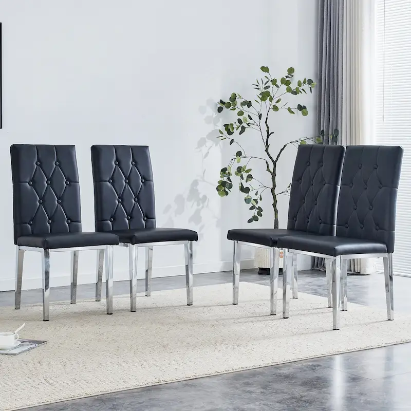 High Back Dining Chair Set of 4 Button Plaid Tufted Soft Cushion Side Chair Living Room Accent Chair Armless Chair