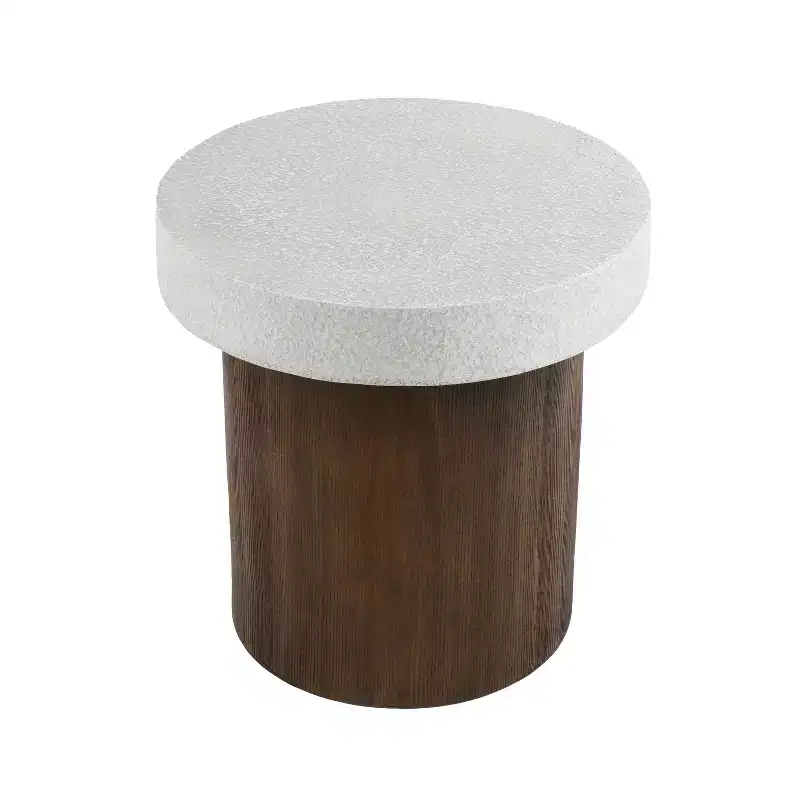 MAYEERTY 1 Pack Cylindrical Side Table, Faux Stone & Wood Texture End Table for Indoor Outdoor Living Room, Patio, Bedroom