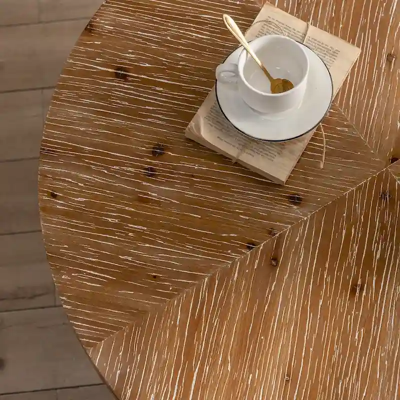 31.29Modern Retro Splicing Round Coffee Table , Fir Wood Table Top with Cross Legs Metal Base