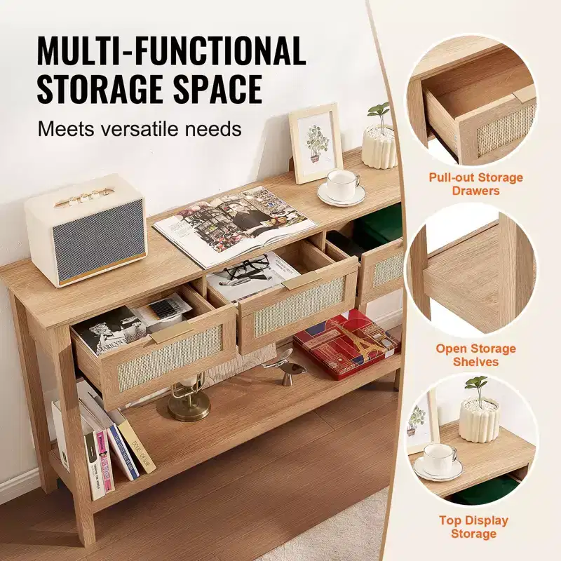 Rattan Console Table with 3 Drawers and Bottom Shelf Narrow Entryway Sofa Table 51.38 in Beige