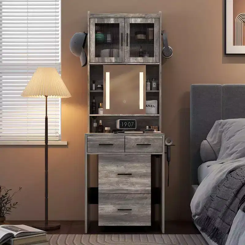 Gray Linen Particleboard Veneered Small Size Dressing Table Set