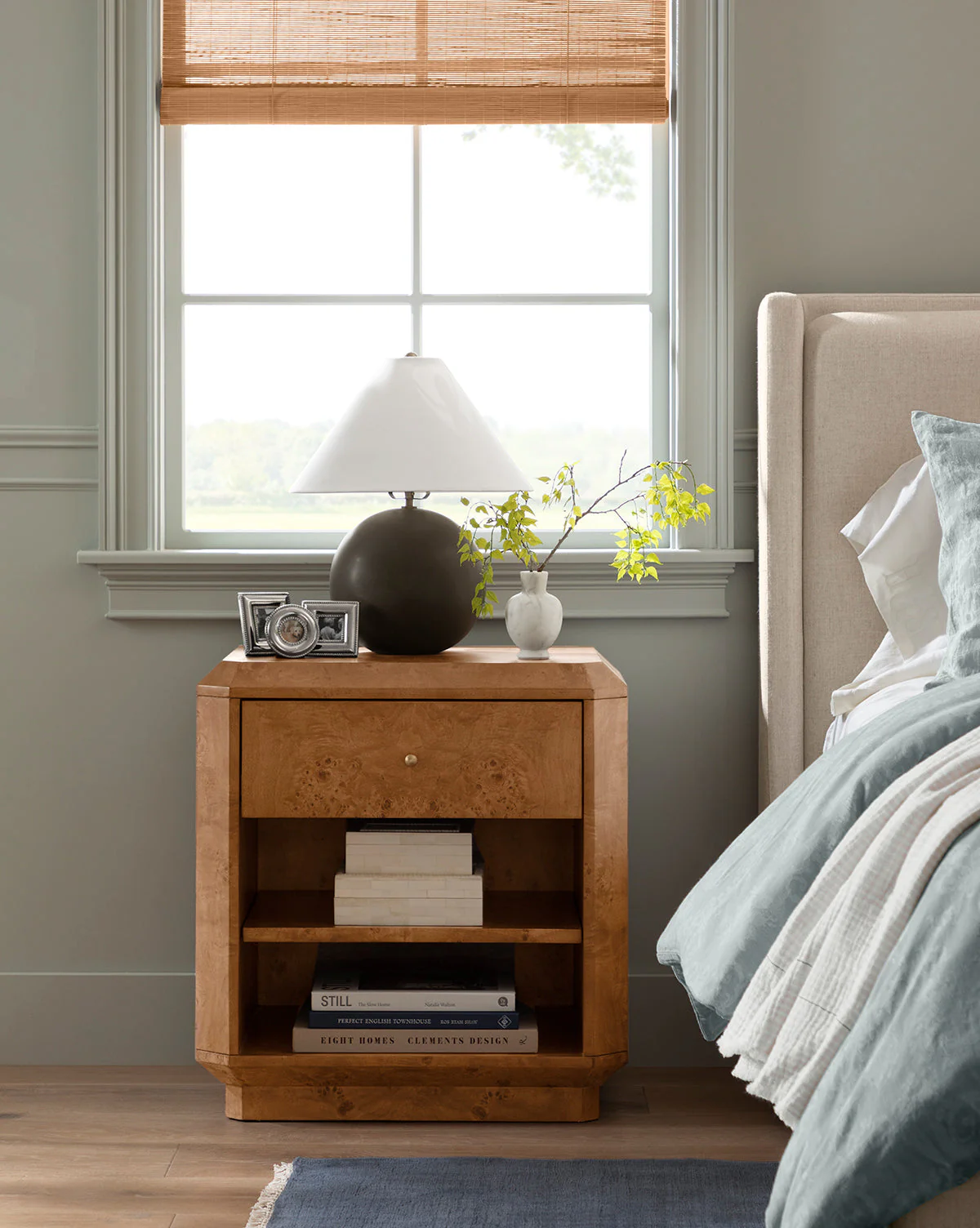 Artisan Burl Wood Nightstand with Single Drawer & Open Shelf for Bedroom
