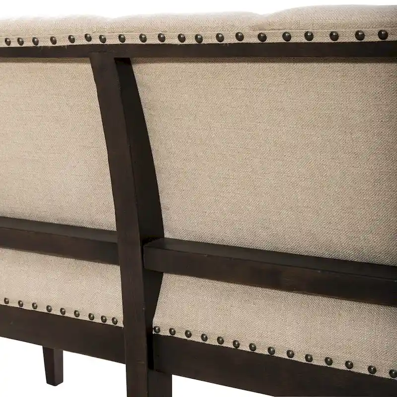 Black Upholstered Shelter Dining Bench with Tufted Back and Nail Head Trim
