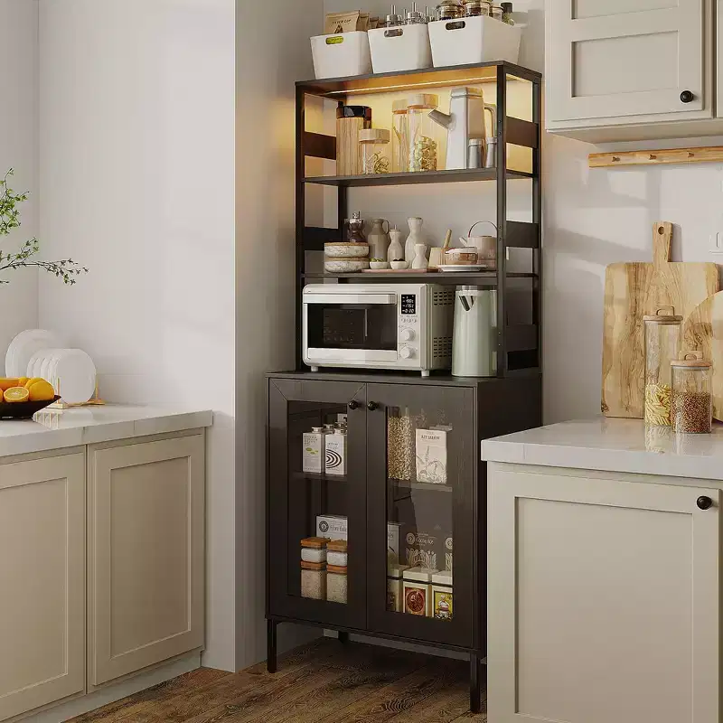 66.9 Kitchen Bakers Rack with Power Outlet, Pantry Storage Cabinet with LED Lights, Glass Door Bar Cart for Dining Room, Living Room