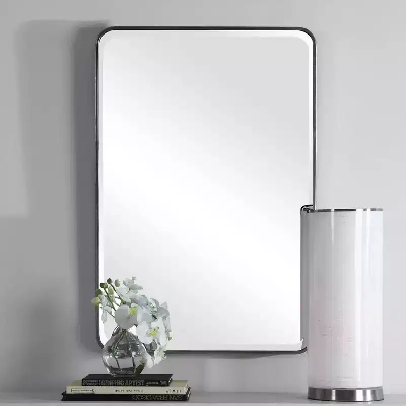 Rectangular Vanity Accent Wall Mirror Modern Curved Corner Beveled Silver Metal Frame 24 Wide for Bathroom Bedroom
