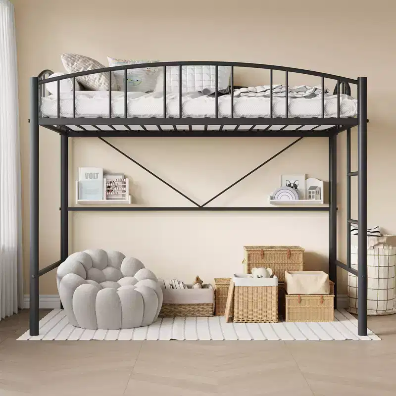 Modern Space-Saving Twin Metal Loft Bed Frame  Heavy Duty, Arched Guardrail, Safety Ladder, No Box Seasonal Needed  Matte Black or Gray