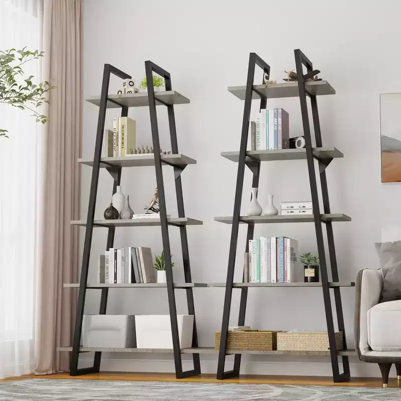 5-Tier A-Shaped Bookshelf, A-Shaped Bookcase Industrial Ladder Shelf Open Display Shelves with Metal Frame, Plant Stand Shelf Living Room, Office