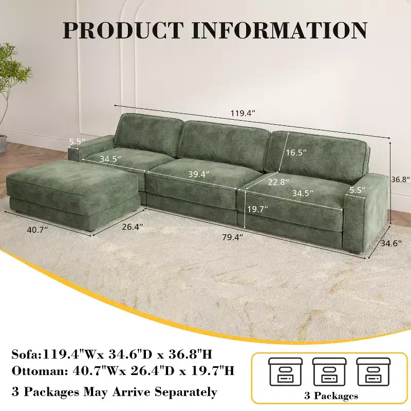 Dyonery 120 Modular Sectional Sofa, Cloud Sectional Couch with Deep Seat, Modern Modular L-Shape Sofa Couch with Chaise.