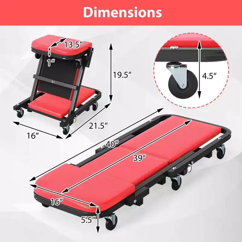 Rolling Folding Z Creeper Seat with 6 Swivel Casters, Heavy Duty Metal Frame Black + Red/Black