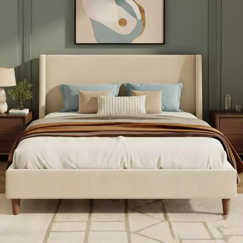 Merax Modern Upholstered Platform Bed with Wingback Headboard and Walnut Wooden Legs