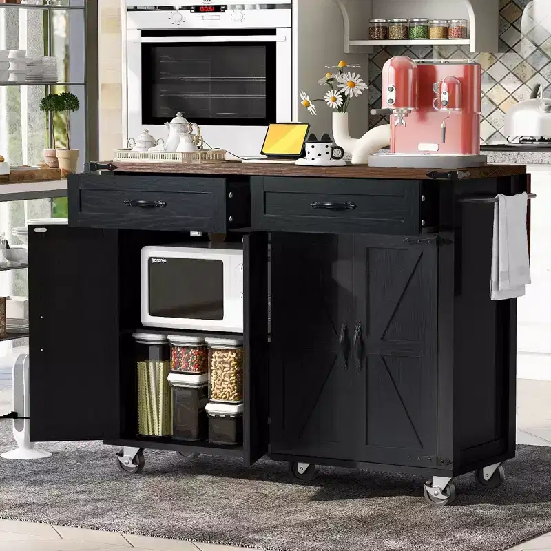 Farmhouse Rolling Kitchen Island with Power Outlet, Storage Rack, Drop Leaf, Spice Rack