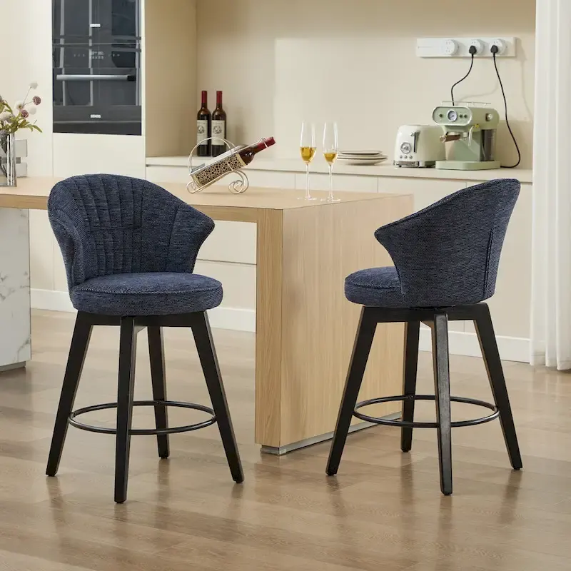 White / Blue / Dark Grey Swivel Bar Stools, Set of 2, Chenille Cushioned Counter Height Chairs with Metal Legs