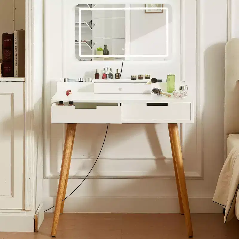 Okak Modern Vanity Desk with Removable Mirror, 3 Color Modes Adjustable Makeup Desk, Dressing Table for Living Room, Bedroom, White