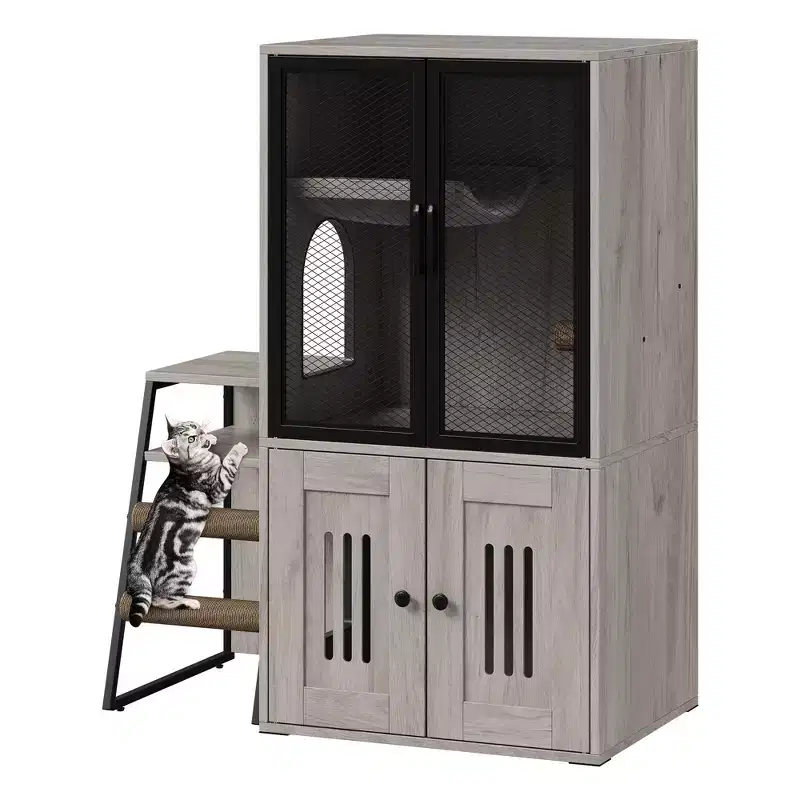 Wood 2-in-1 Cat Litter Box Cabinet with Sisal Scratching Posts & Hammock 25.59''W x 27.56''D