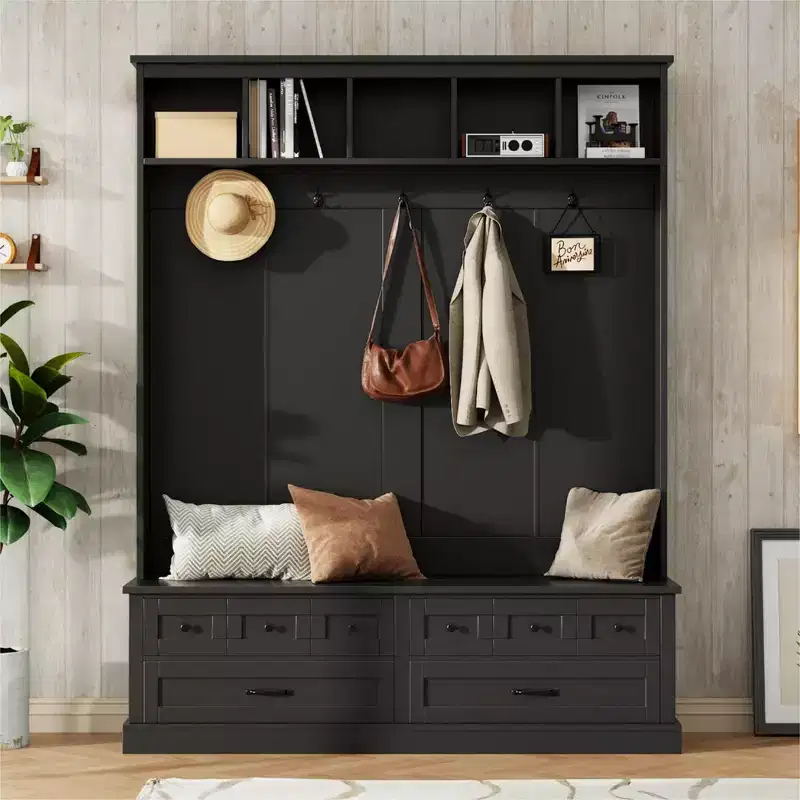 Okak Elegant Hall Tree with 5 Hooks, Wide Coat Rack with Lift-Top Storage Bench and 2 Drawers, Coat Tree for Living Room, Hallway, Black