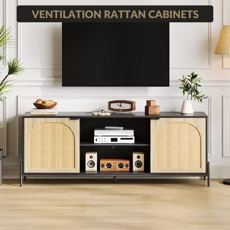 TV Stand With 3 Drawers for Living Room, Entertainment Center With Storage, Rattan Media Console With Metal Legs, Black Wooden Entertainment
