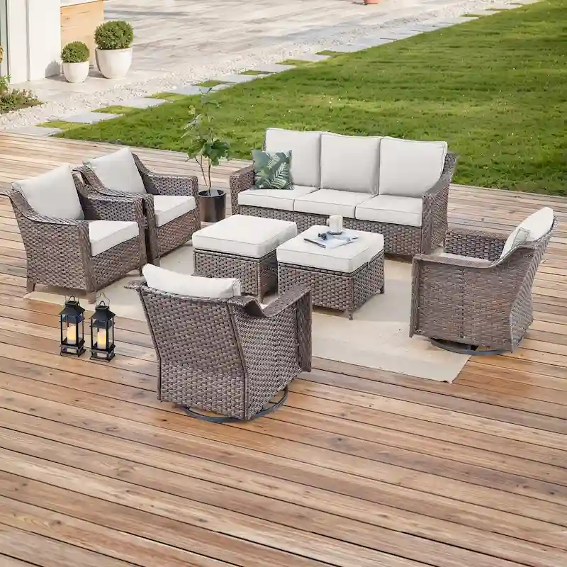 Rattan Patio Sofa Chair Set with Ottomans - Brown