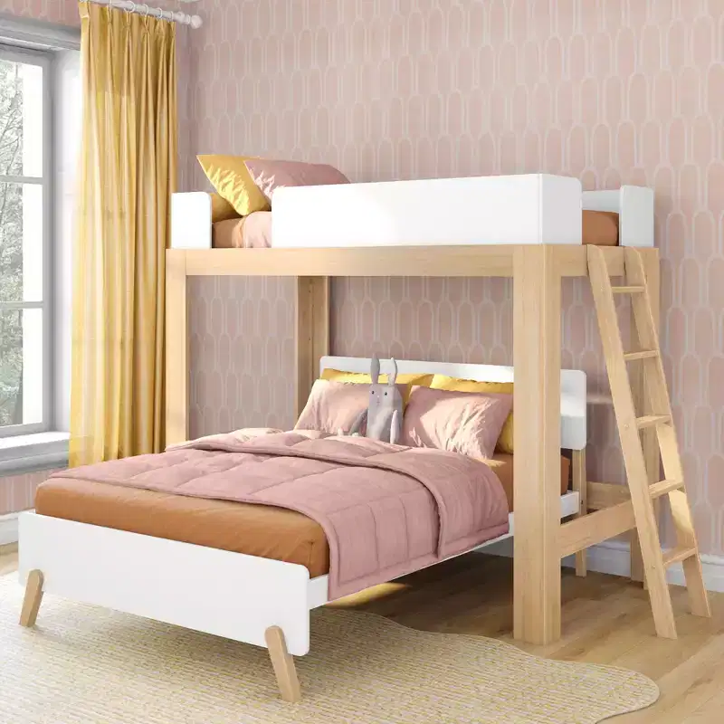Mid-Century Modern Twin over Full L-Shaped Bunk Bed, Solid Wood