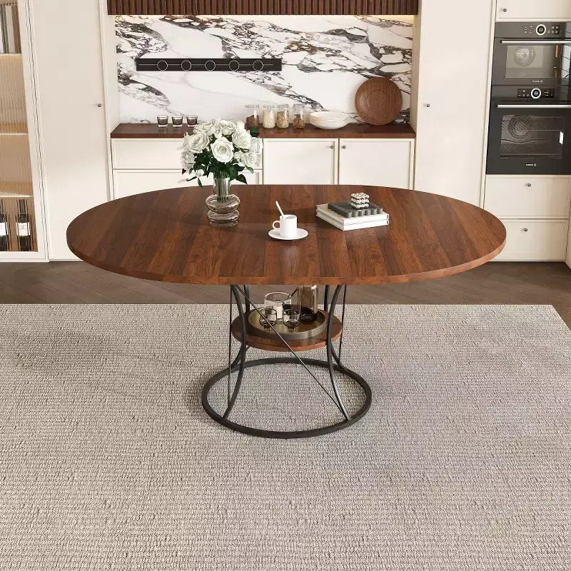 4359 Extendable Round Dining Table for 4-6, Kitchen Table with Storage Shelf and Metal Base for Dining Room