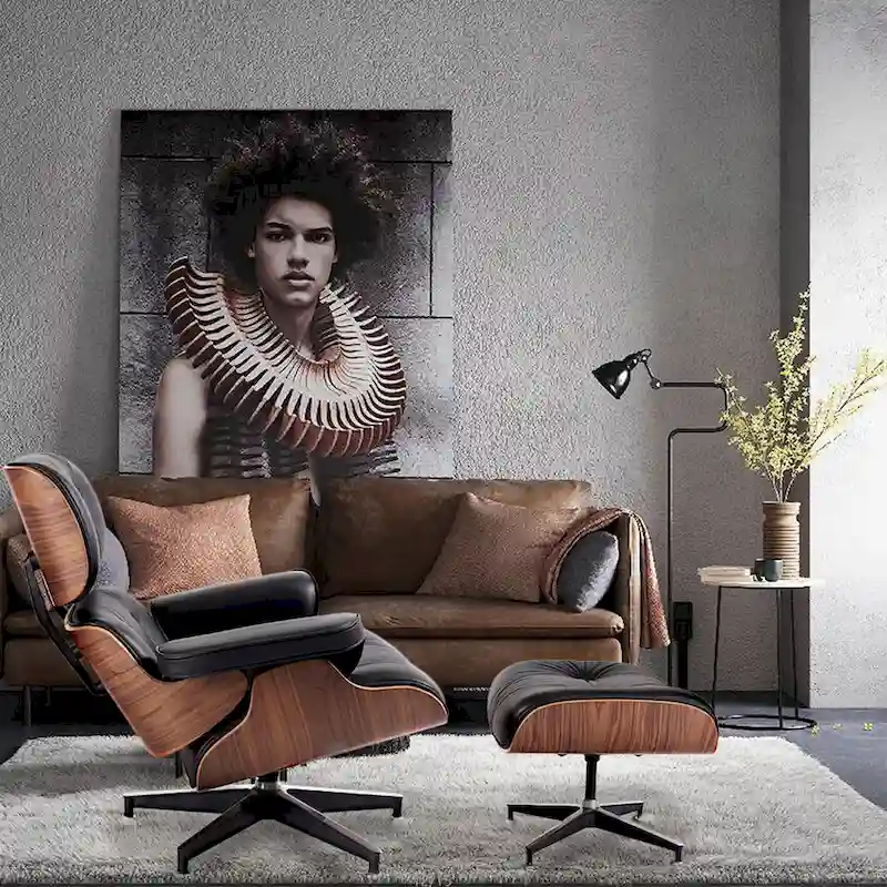HomeRoots 35 Black Tufted Leather And Brown Swivel Lounge Chair with Ottoman - 34.6