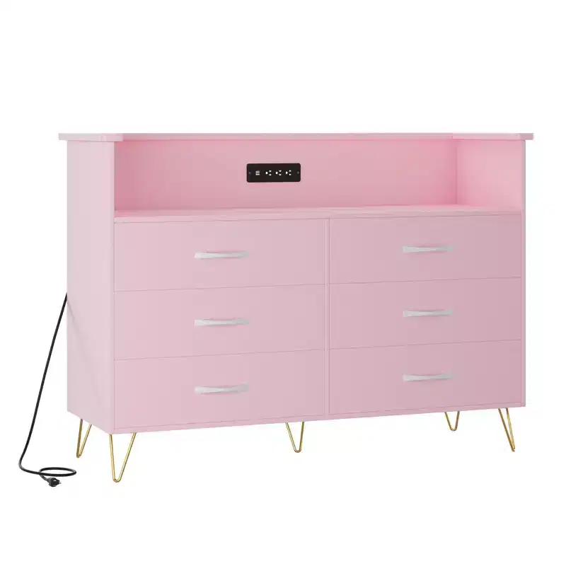 Bedroom vanity with LED lighting and charging station, featuring 6 wooden drawers and 2 tiers of shelving, suitable for living rooms and entryways.