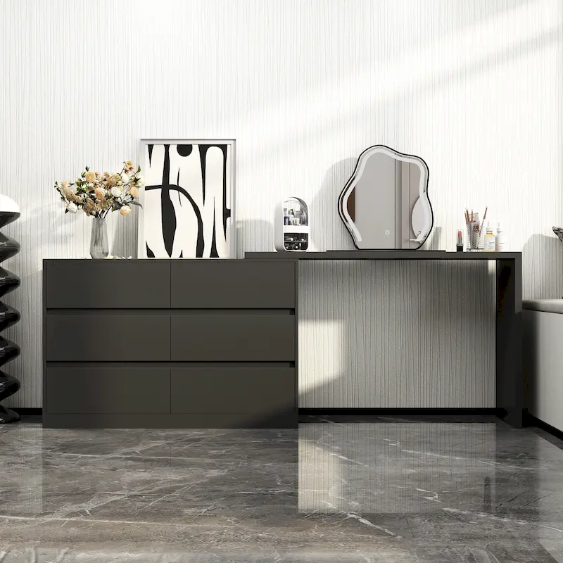 32.7H Rotating Dresser and Desk 6 Drawer Dresser Makeup Vanity White/Black