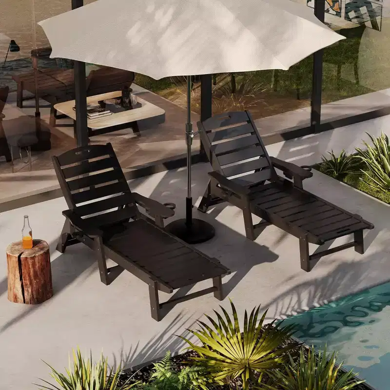 Patio high density polyethylene lounge chair, extra large 5 position lounge chair with cup holder, resin pool lounge chair for outdoor use