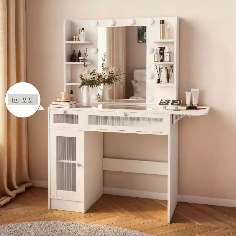 Dyonery white dressing table is equipped with a mirror and a desk lamp, and comes with a USB charging port. There are cabinets and drawers