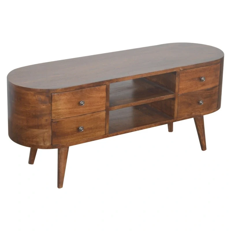 Solid Mango Wood Entertainment Unit with Rounded Edges and 4 Drawers