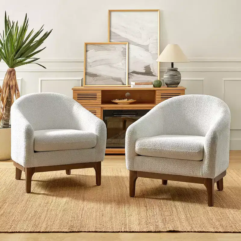 Boucle Barrel Armchair Set of 2 Solid Wood Legs High-Density Foam Dual-Sided Cushion