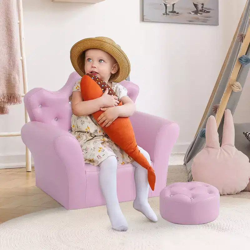 Kids Princess Sofa Chair with Crown Backrest and Matching Footstool Pink