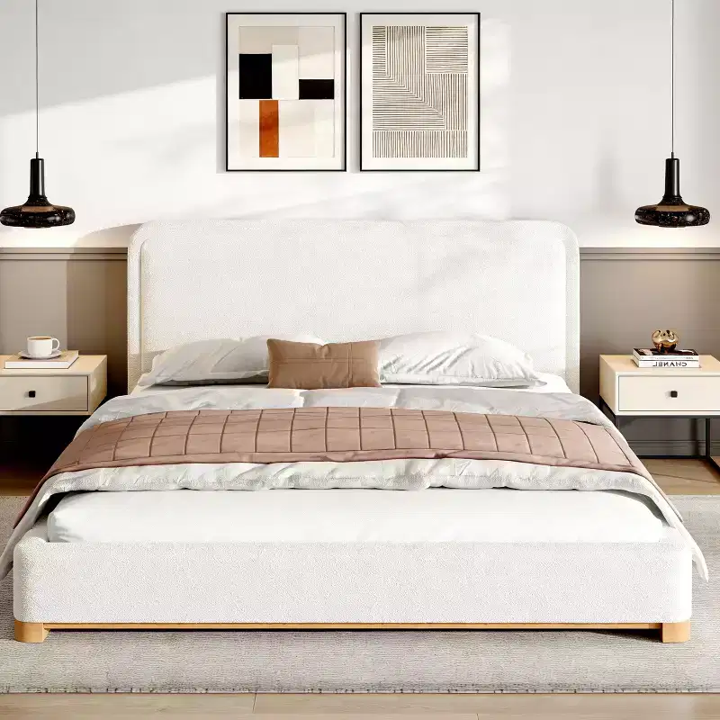 ModernLuxe Queen/King Size Platform Bed Frame, Modern Mid-Century Upholstered Bed with Curved Headboard & Rubberwood Base, White