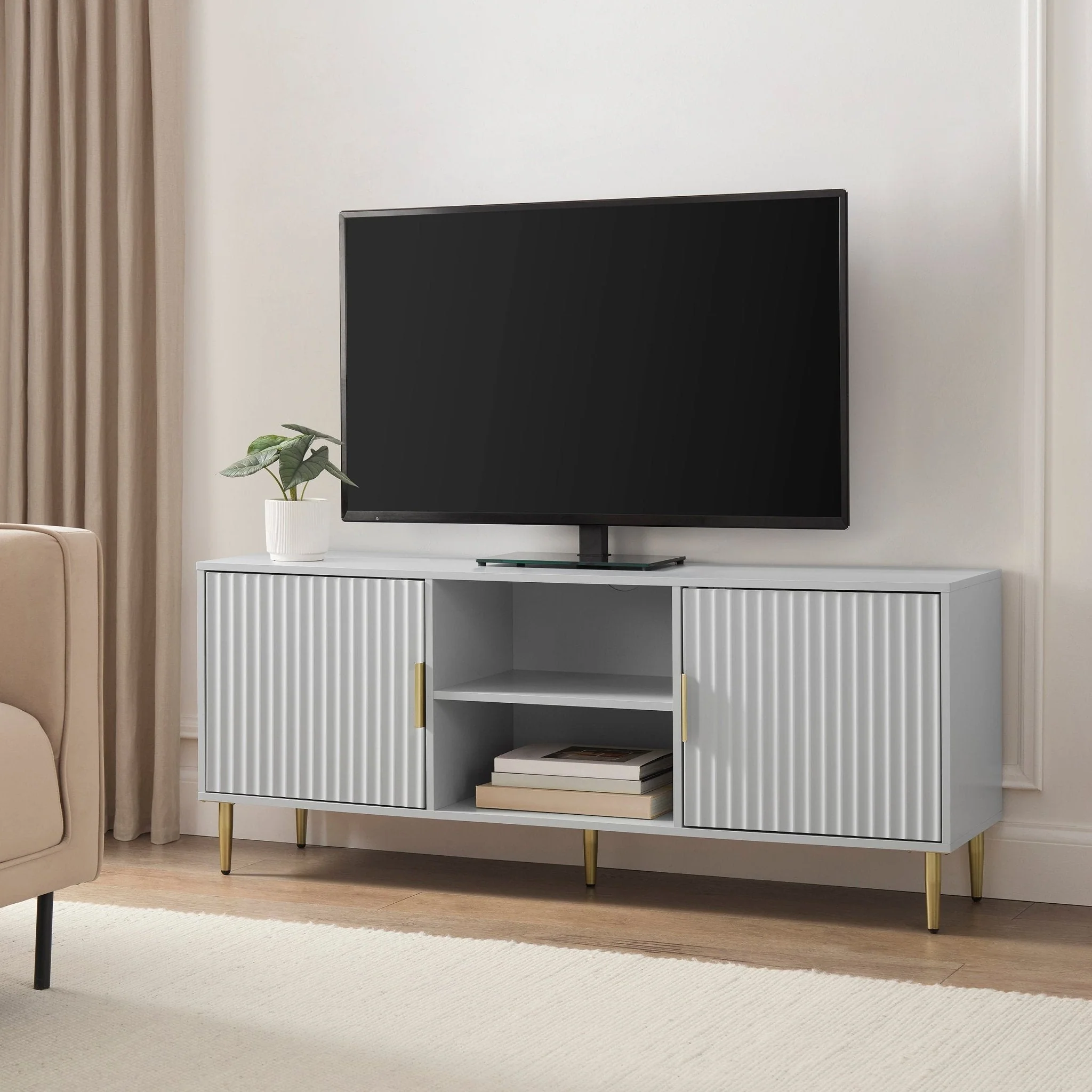 Modern Grey Painted TV Unit with Gold Accents for TVs up to 65 Inch for Living Room
