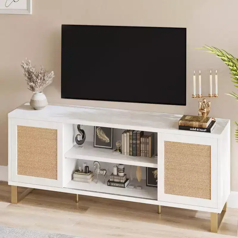 TV Stand for 65 Inch TV, White Entertainment Center Modern TV Console Table, Rattan TV Stand with Storage, Doors and Shelves