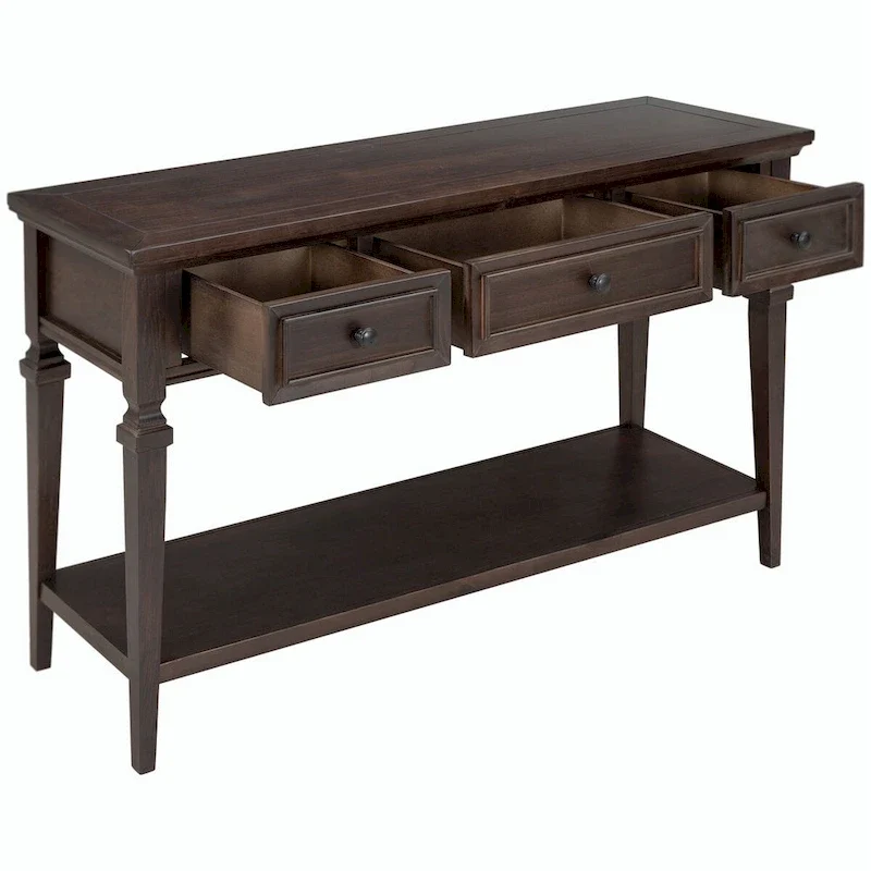 Retro Style Console Table with 3 Drawers and Open Bottom Shelf - Gray Wash