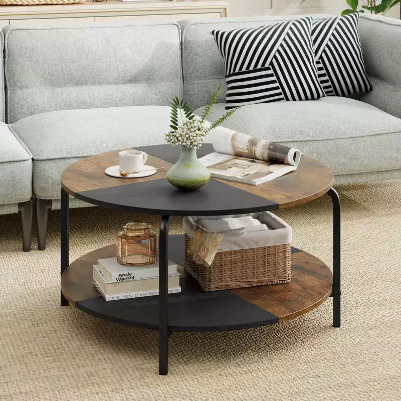 2-Tier Round Coffee Table with Storage Shelf, Metal Frame for Living Room Apartment, Rustic Brown