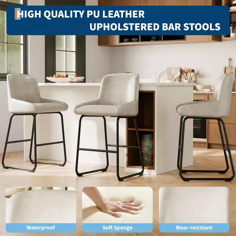 Bar Stools Set of 3, 24 Inch Counter Height Barstools with Back, Modern PU Leather Upholstered Bar Chairs