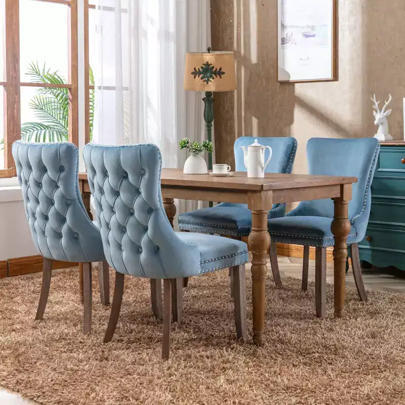 Okak Retro Dining Chairs Set of 2, Comfy Upholstered Wing-Back Chairs with Backstitching Nailhead Trim, Kitchen Chairs with Solid Wood Legs