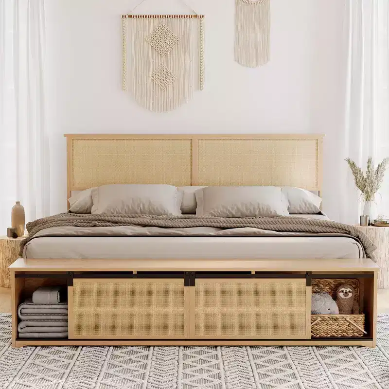 Natural Rattan Full Size Bed Frame with Sliding Barn Door Storage Cabinets & Smart Light Headboard