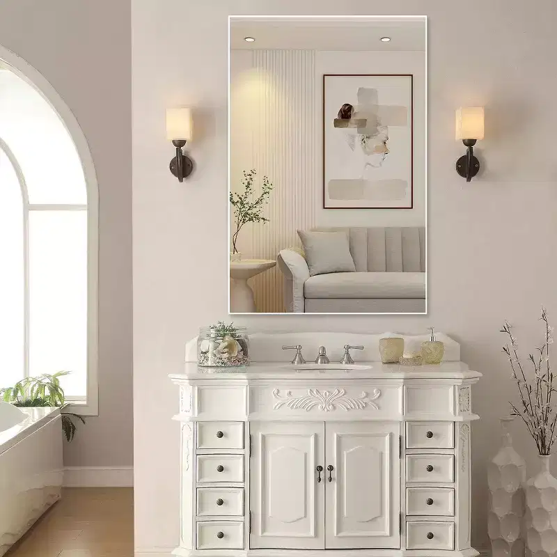 Modern White Frame Bathroom Mirror: Oversized, Aluminum, Wall Mounted, Vertical/Horizol