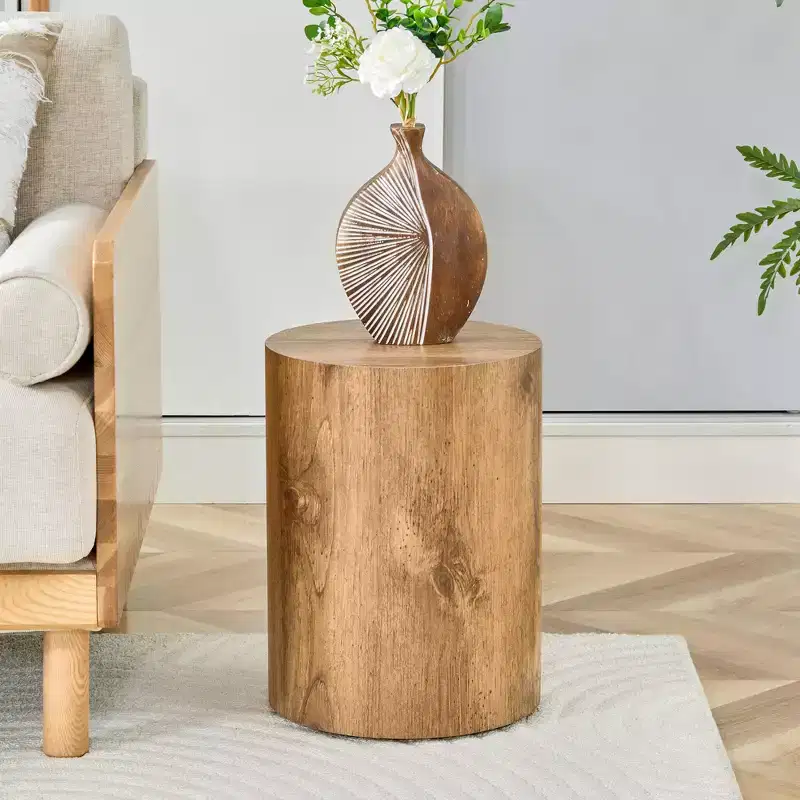 Round Wooden End Table - Cylindrical Side Table for Living Room