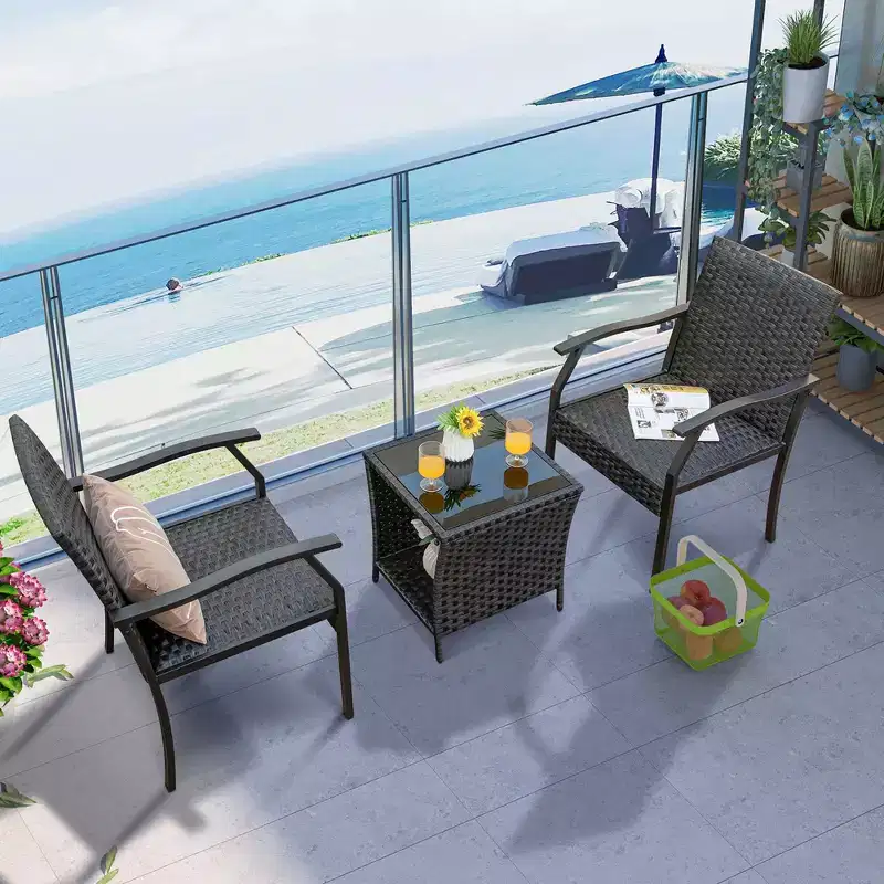 Costway 3 PCS Patio Conversation Set Wicker Chair Tempered Glass Table Cushioned Seat Quick Dry Foam All Weather