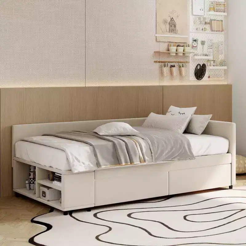 Twin Size L-Shaped Platform Bed with Wrap-Around Storage and Drawers, Sturdy and Durable Construction