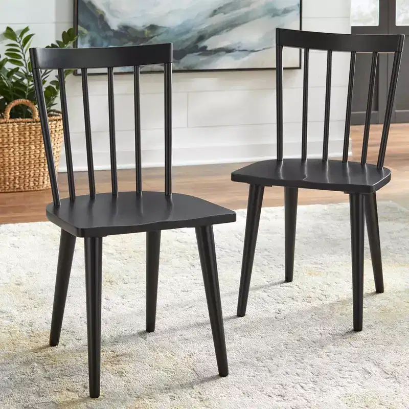 Set of 2 Farmhouse Windsor Dining Chairs – Solid Rubberwood, Matte Black, 225 lb Capacity