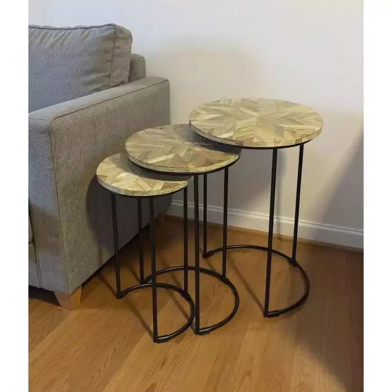HomeRoots Set of Two Natural and Black Solid Wood and Metal Round Frame Nested Tables