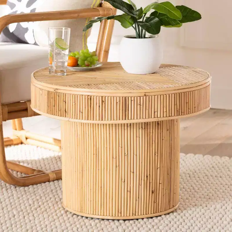 bali & pari Iryna Natural Rattan End Table Light honey: 17.7" High, No Assembly, Round Plywood Frame