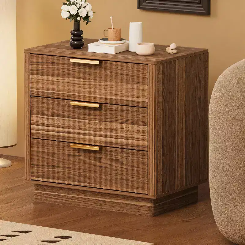 3-Drawer Fluted Wood Nightstand, 23.6 Wide Mid-Century Modern Bedside Table, Storage End Side Table w/ Metal Handles for Bedroom & Living Room