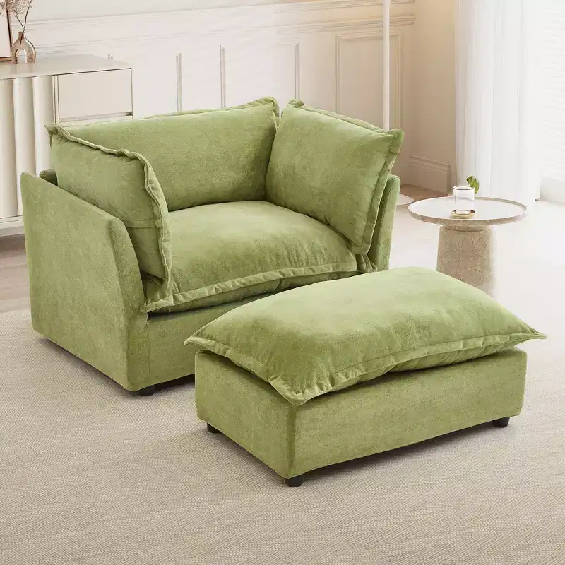 Chenille Armchair with Movable Ottoman, Wide Seat & Curved Armrests