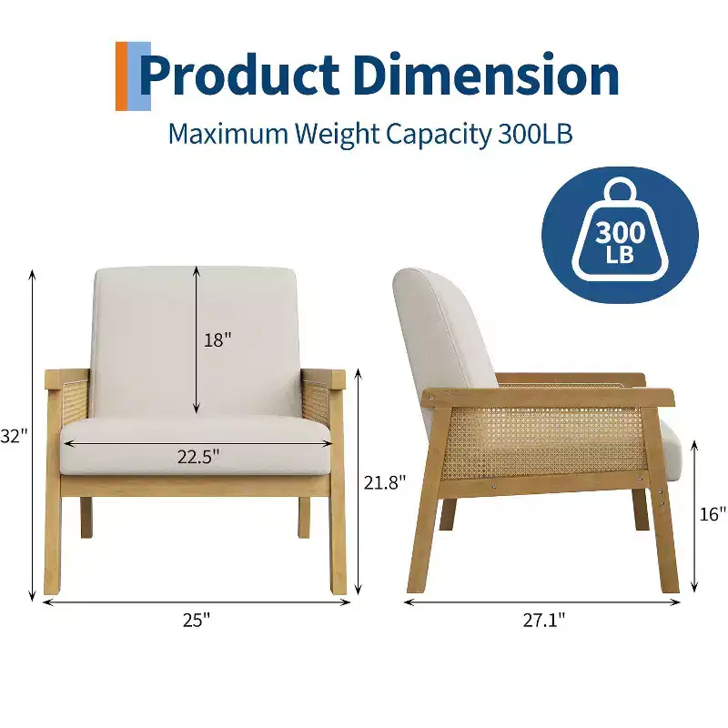 Modern High Back Wood Frame Accent Chair with 300lb Capacity - Upholstered Rattan or PU Leather Armchair for Living Room